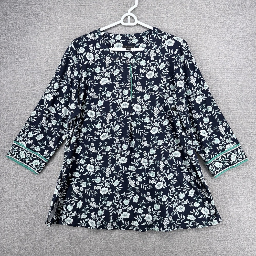 J Jill Wearever Collection Tunic Top Women Size Large Petite Blue Floral Casual